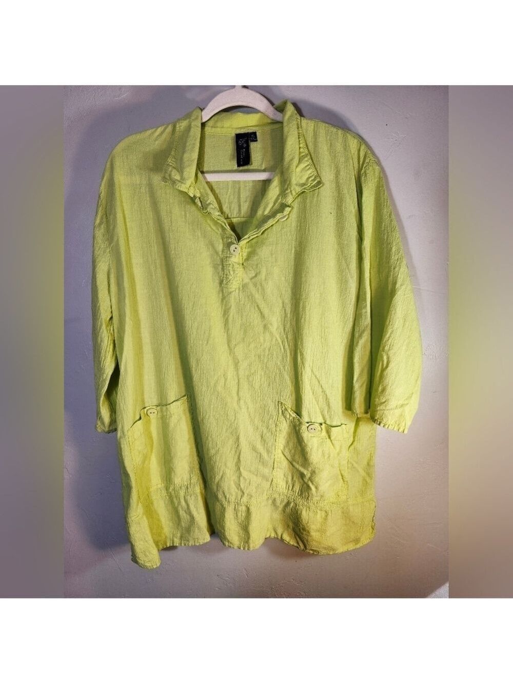 Focus 2 Pocket V-Neck 100% Cotton 3/4 Sleeve Green Sz XL
